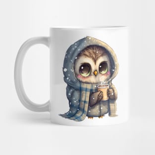 Chibi Owl Drinking Hot Chocolate Cute Baby Christmas Scarf Beanie Mug